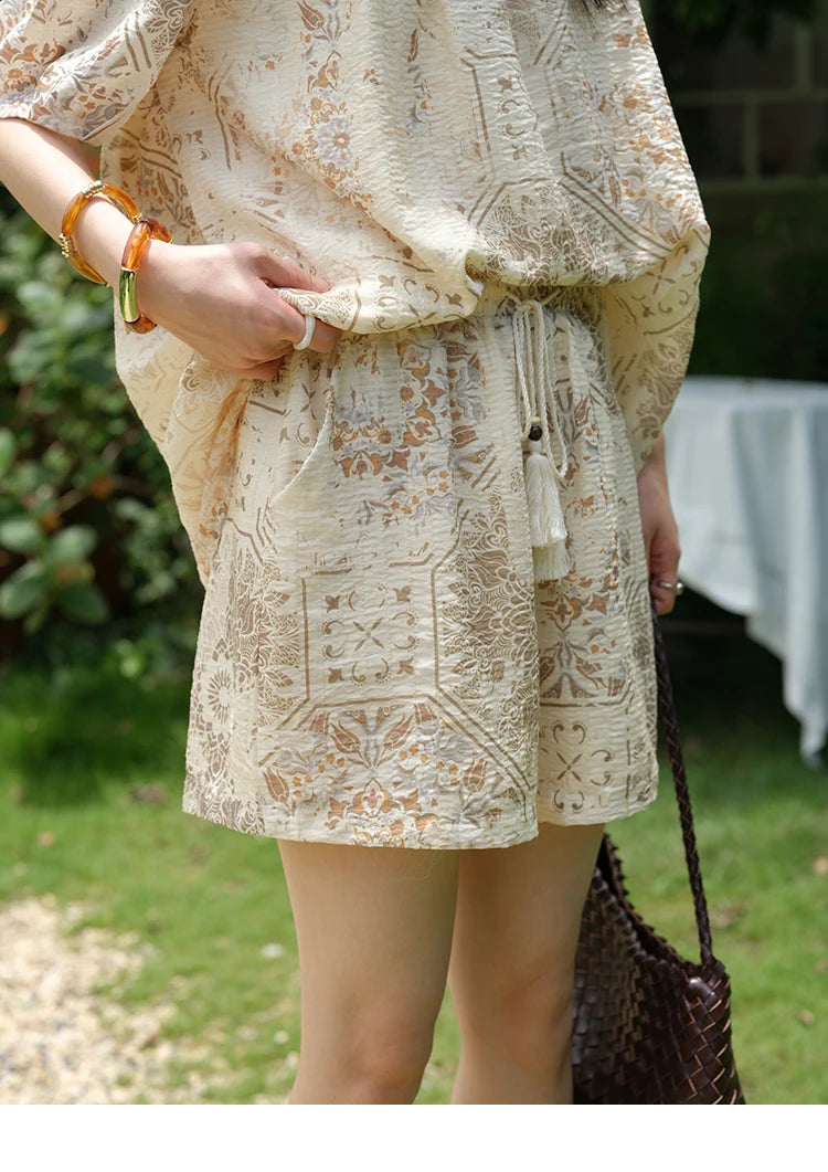 MISHOW Women's Two Piece Set 2025 Summer New Casual Bohemian Print Top Beaded Tassel Drawstring Pocket Shorts Set MXE39T0723