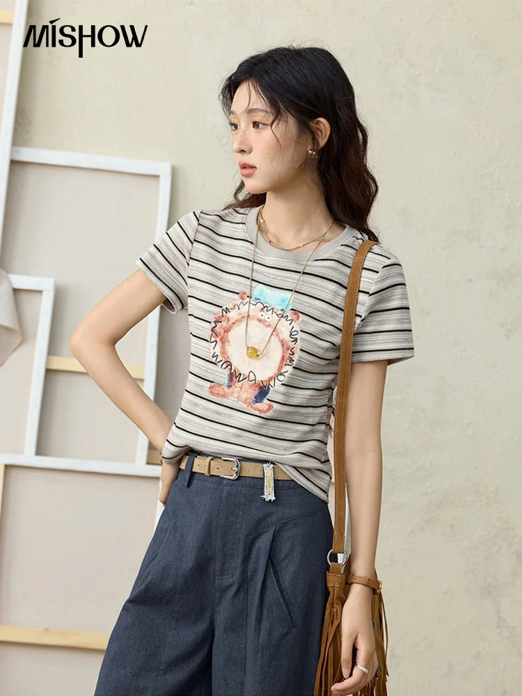 MISHOW Striped Cartoon Pufferfish Printed T-shirt for Women Summer 2025 Slim Shoulders Cotton Tees Short Sleeved Top MXE32T0538