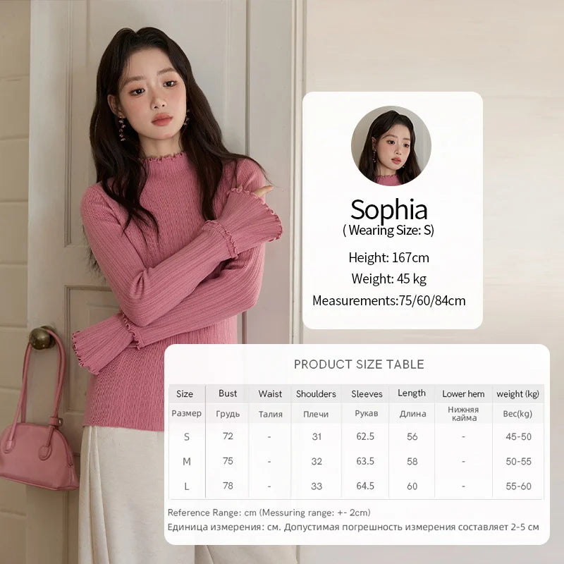 MISHOW Women's Long Sleeve Top 2025 Autumn New Casual Solid Turtleneck Slim Knit Wood Ear Edge Trumpet Sleeve Top MXE51Z2552