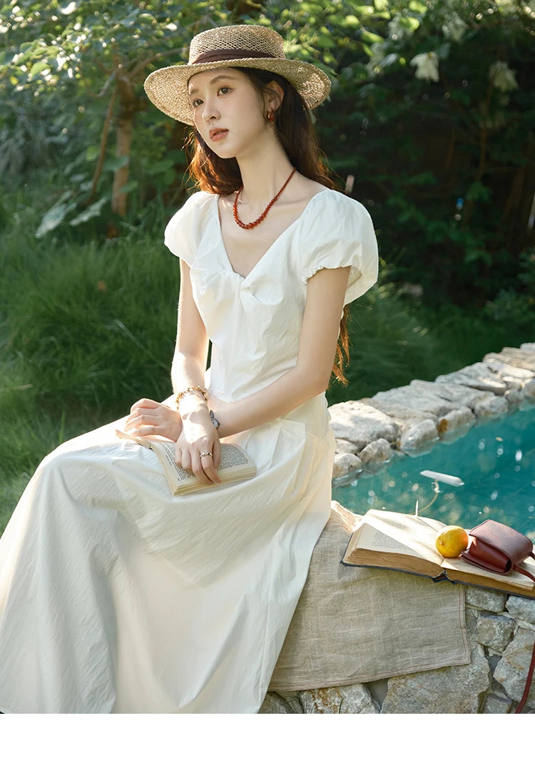 Mishow V-Neck Puff Sleeve Solid Vacation Dress MXE39L2384