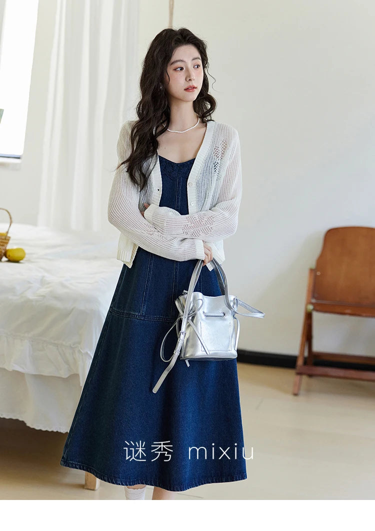 MISHOW Denim Camisole Dress Hollowed Out Cardigan Separately Spring Knitted Cardigan Lace Edge Waist Dress(Not A Set) MXE13L2094