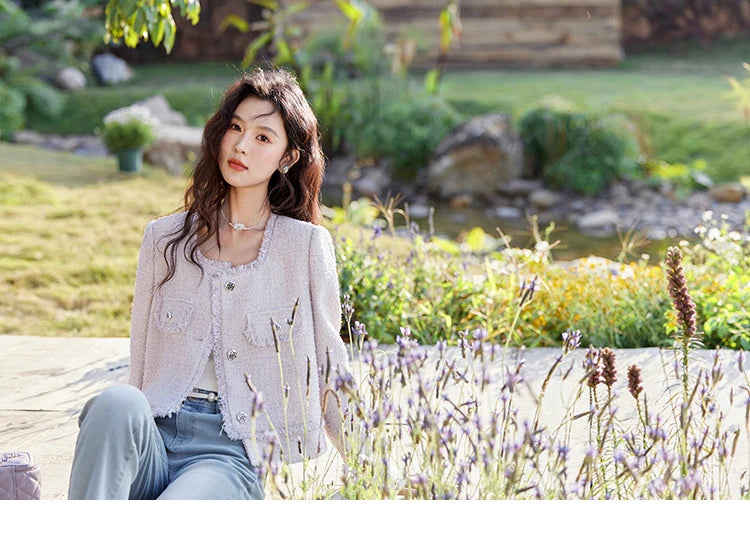 MISHOW Tassel Fragrant Coat for Women 2025 Spring Rose Buckle Weave Short Coats Elegant Square Neck Straight Coats MXE13W0733