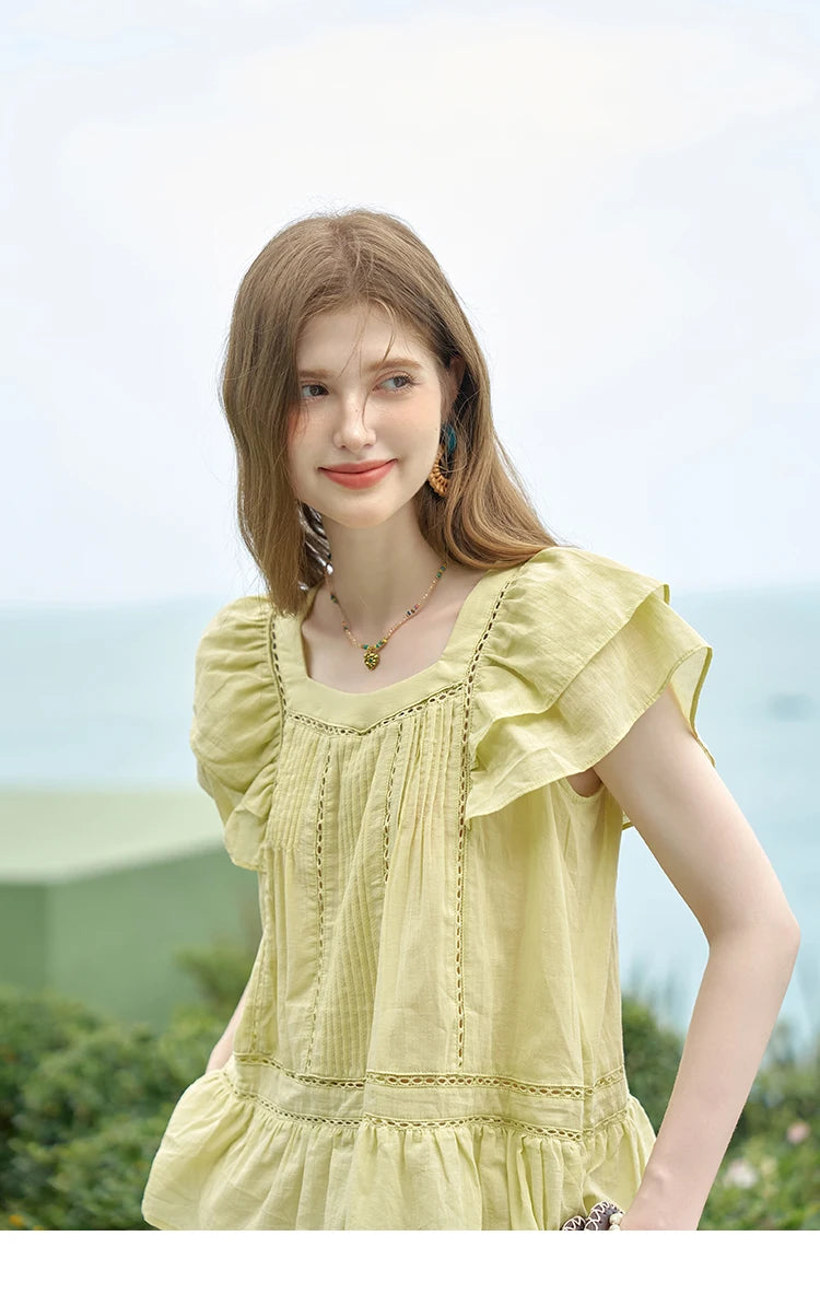 MISHOW Korean Lace Hollowed Out Flying Sleeve Blouse for Women 2024 Summer Square Neck Doll Shirt Casual Top MXD30X1574