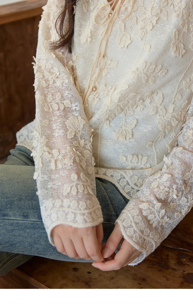 MISHOW Apricot Lace Jacquard Embroidered Shirt 2025 Autumn Black Fungus Edge Lace-up Vintage Commuter Top Office Lady MXE41X1927