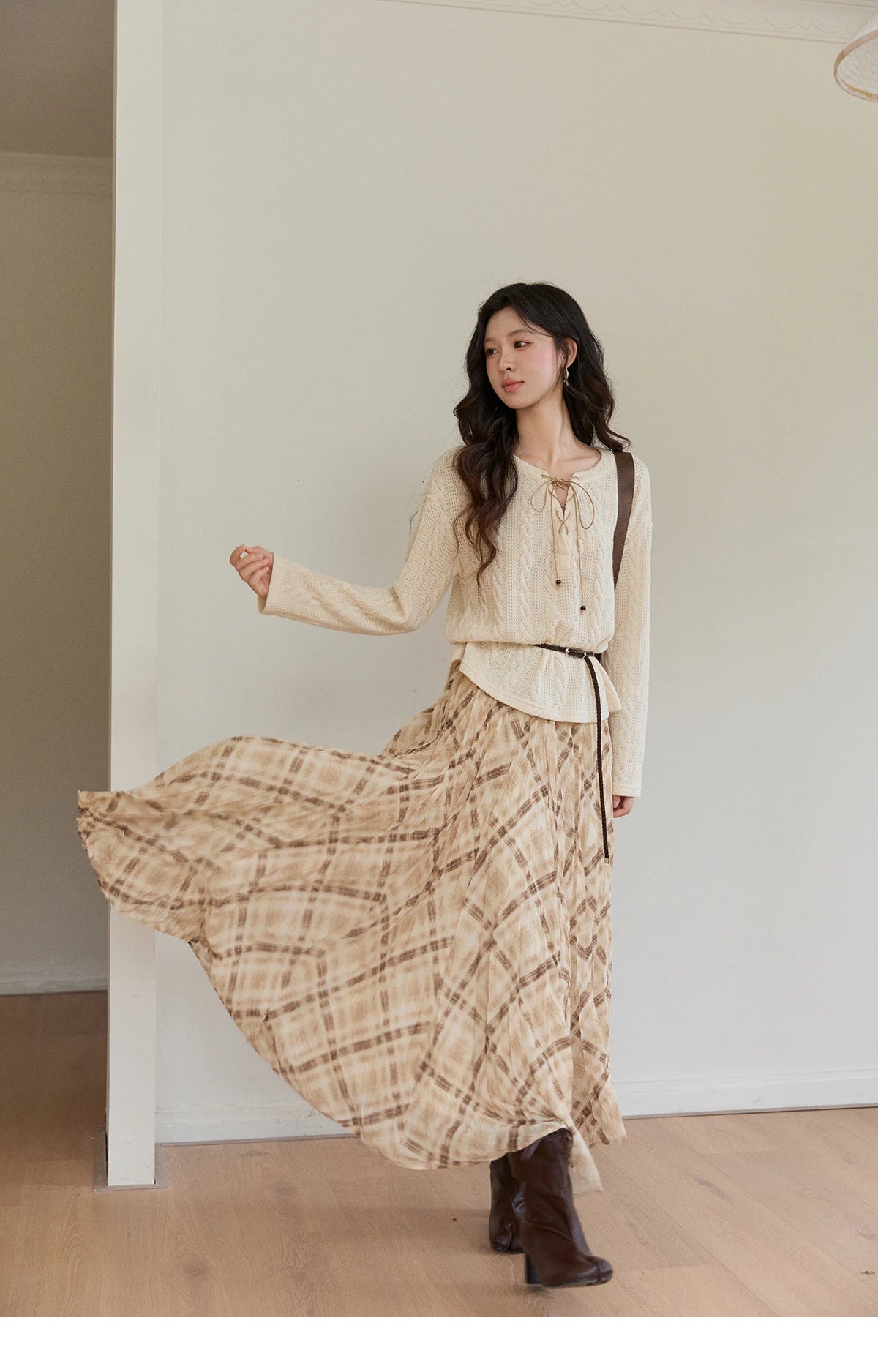 MISHOW Women's Beige Plaid Maxi Skirt 2026 Spring High Waist Flowy A-Line Skirts Elastic Waist Casual Chiffon Skirt MXF108B0769