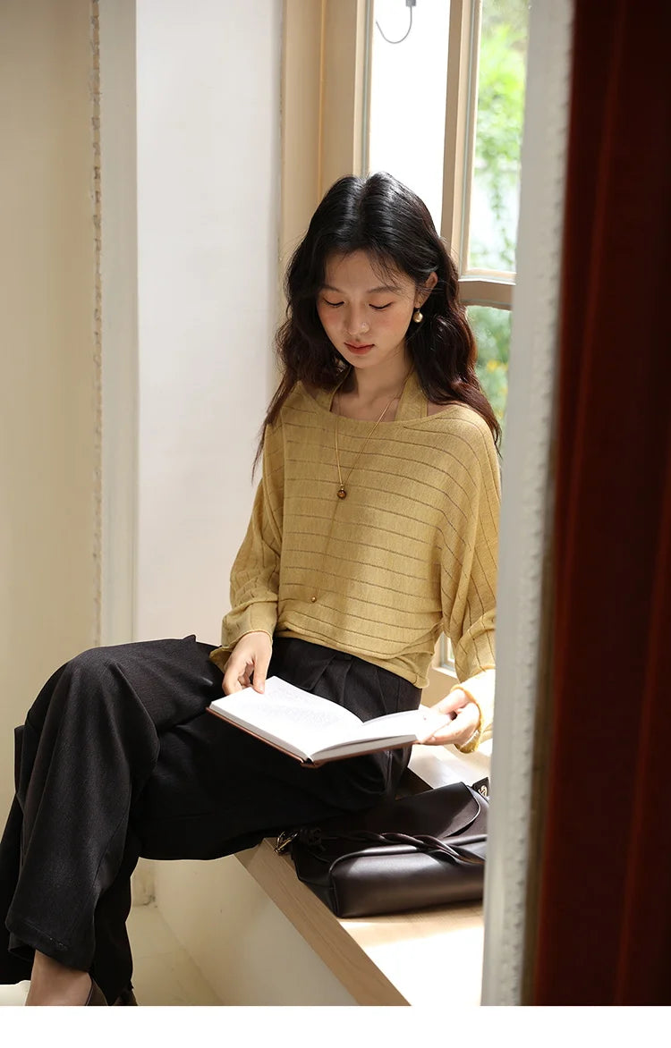 MISHOW Striped Short Hanging Neck Top Two-piece Set 2025 Autumn Wool Blend Knitted Sweater Casual Fashion Top Sets MXE46T1399