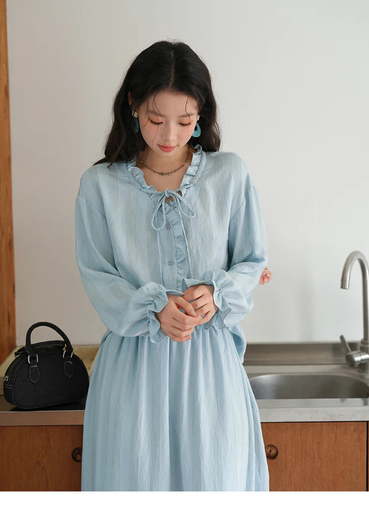 MISHOW Women's Light Blue Striped Linen Suit 2025 Autumn Fungus Edge V-neck Lace-up Shirt Elastic Waist Skirt Two pcs MXE41T0700