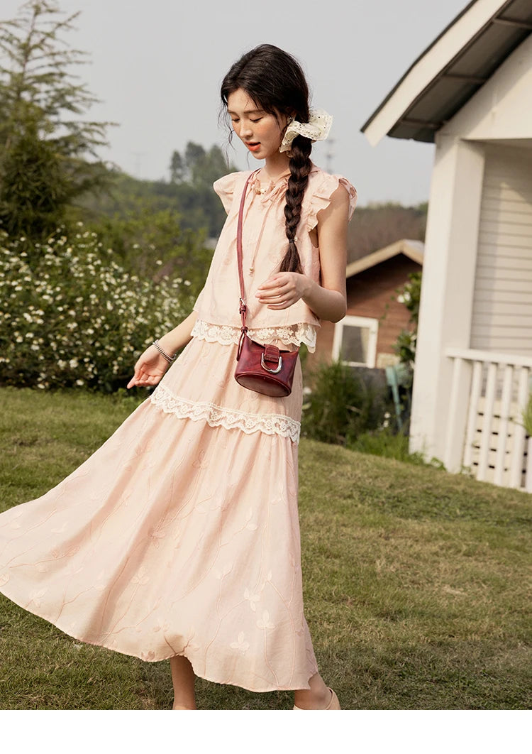 MISHOW Sweet Summer Skirt Sets Women New 2025 Short Flying Sleeve Round Neck Tops Hollow Embroidery A-line Skirt Lady MXE33T0545