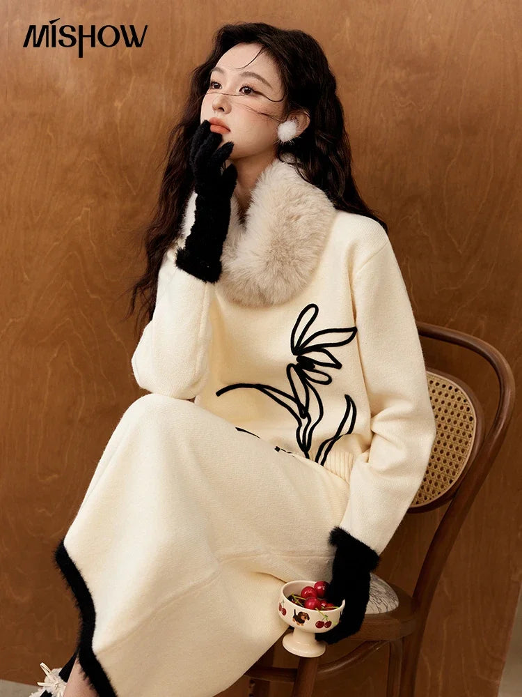 MISHOW French Skirt Sets Embroidery Spliced Contrast Color Two Piece Sets Women High Waist Midi Skirt Knitted Tops MXD57T0463