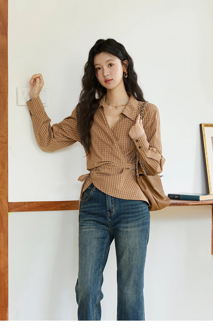 MISHOW Women's 100 Cotton Dark Orange Plaid Shirt  Autumn Design Side Waist Lace-up Long Sleeved Shirts Office Lady MXE46X2494