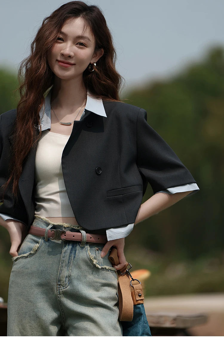 MISHOW Fake Two Short Suit Jackets for Women Summer Three Quarter Single Breasted Turn-down Collar Female Coats MXC33W0016