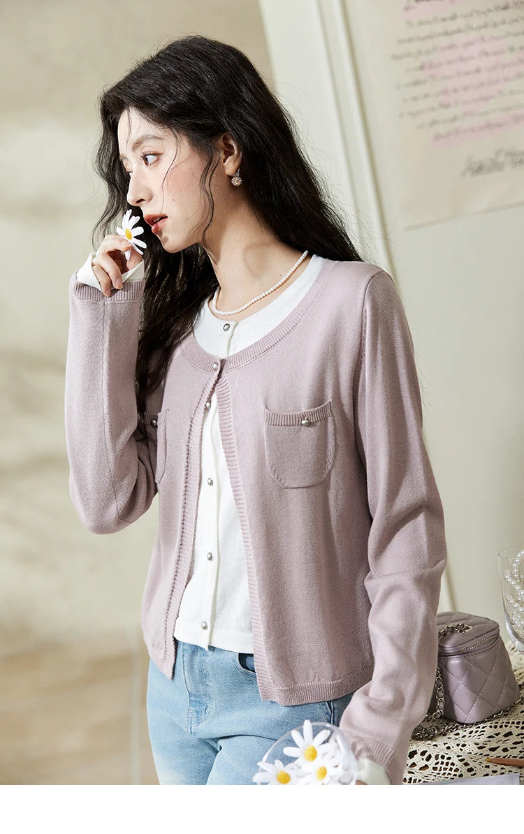 MISHOW Wool Knitted Cardigan Fake Two-piece Contrasting 2025 Spring Women Slim Fit Top O Neck Patch Pocket Sweaters MXE12Z1144