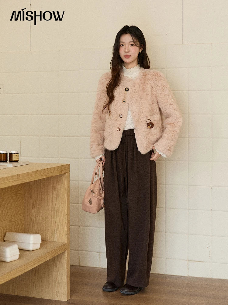 MISHOW Women's Winter Jacket 2025 Sweet Pink Faux Rabbit Fur Coat with Pockets Handcrafted Vintage Buttons Outerwear MXE87W0990