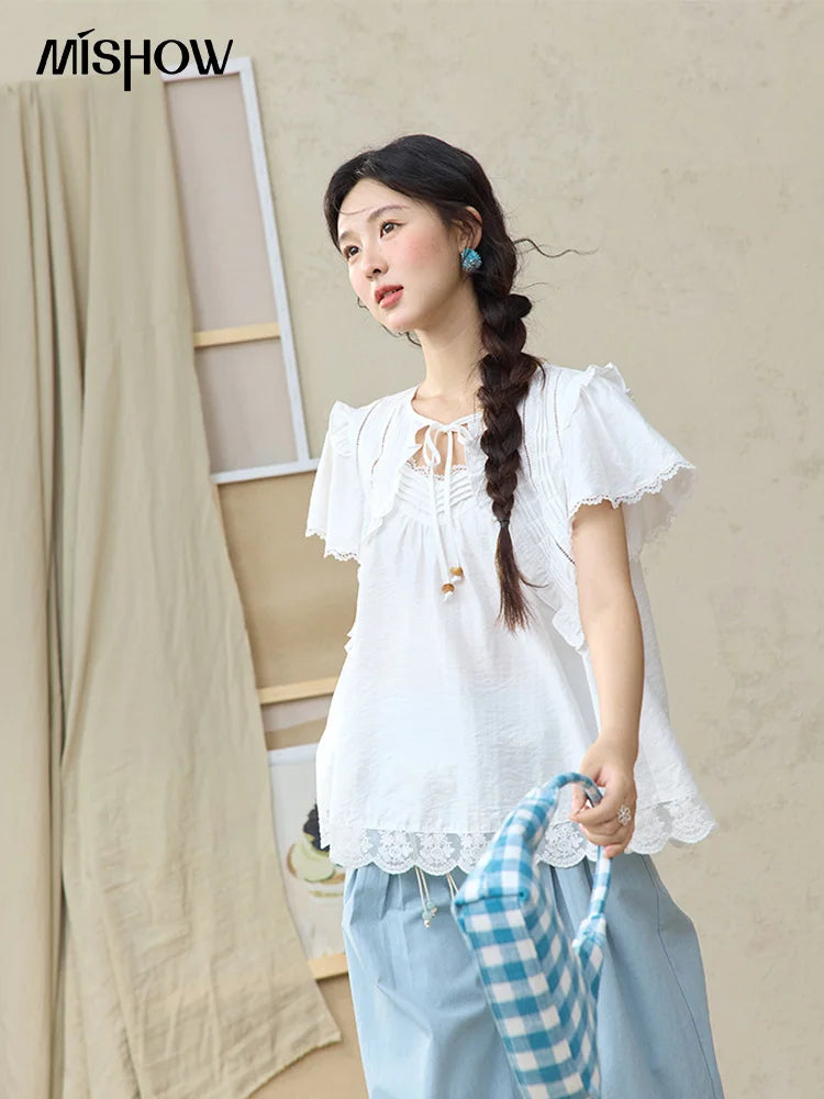 MISHOW White Lace Up Blouse Women's 2025 Summer New Fashion Butterfly Sleeve Hollow Lace Splicing Top Female Clothing MXE34X1784