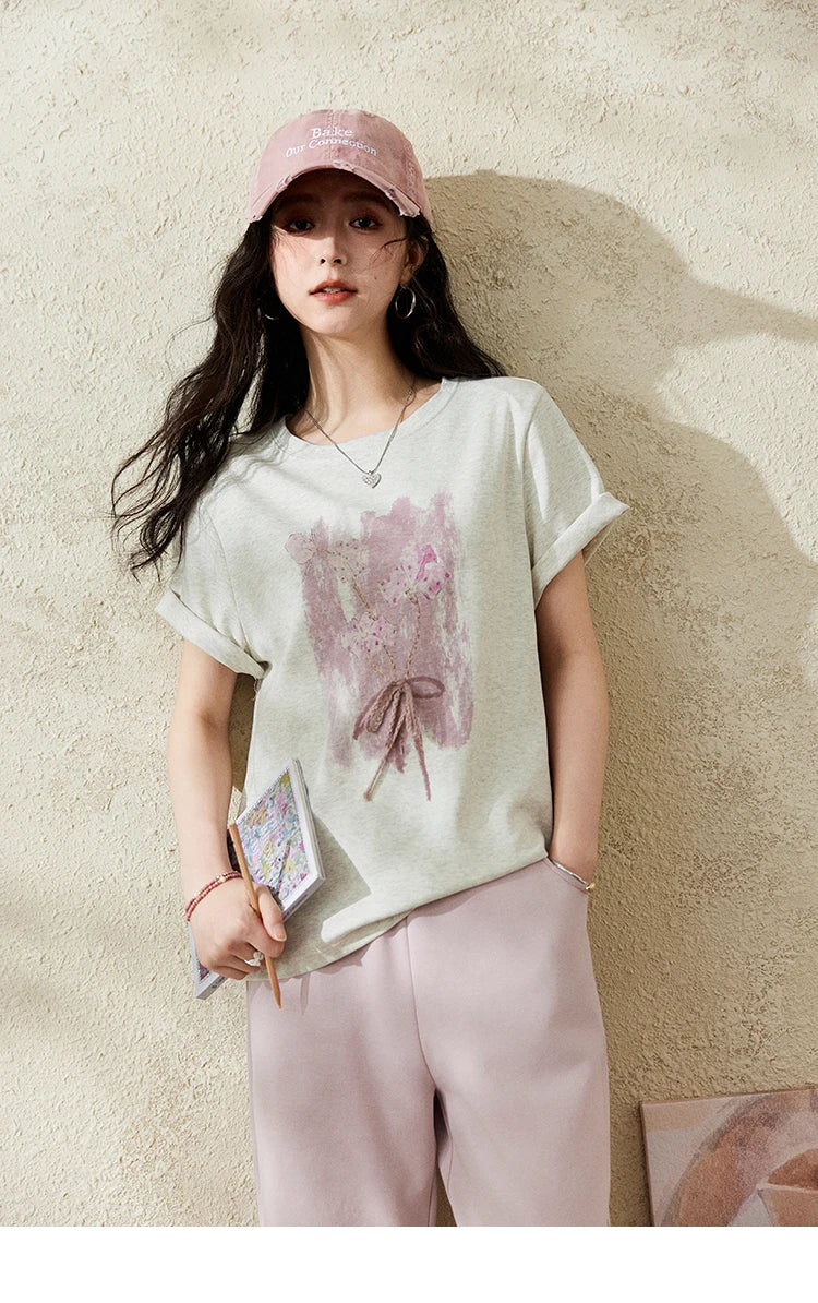 MISHOW Iris Cool Cotton T-shirt for Women Spring 2025 Spray Printing Slim Tees Round Neck Breathable Versatile Top MXE13T0453