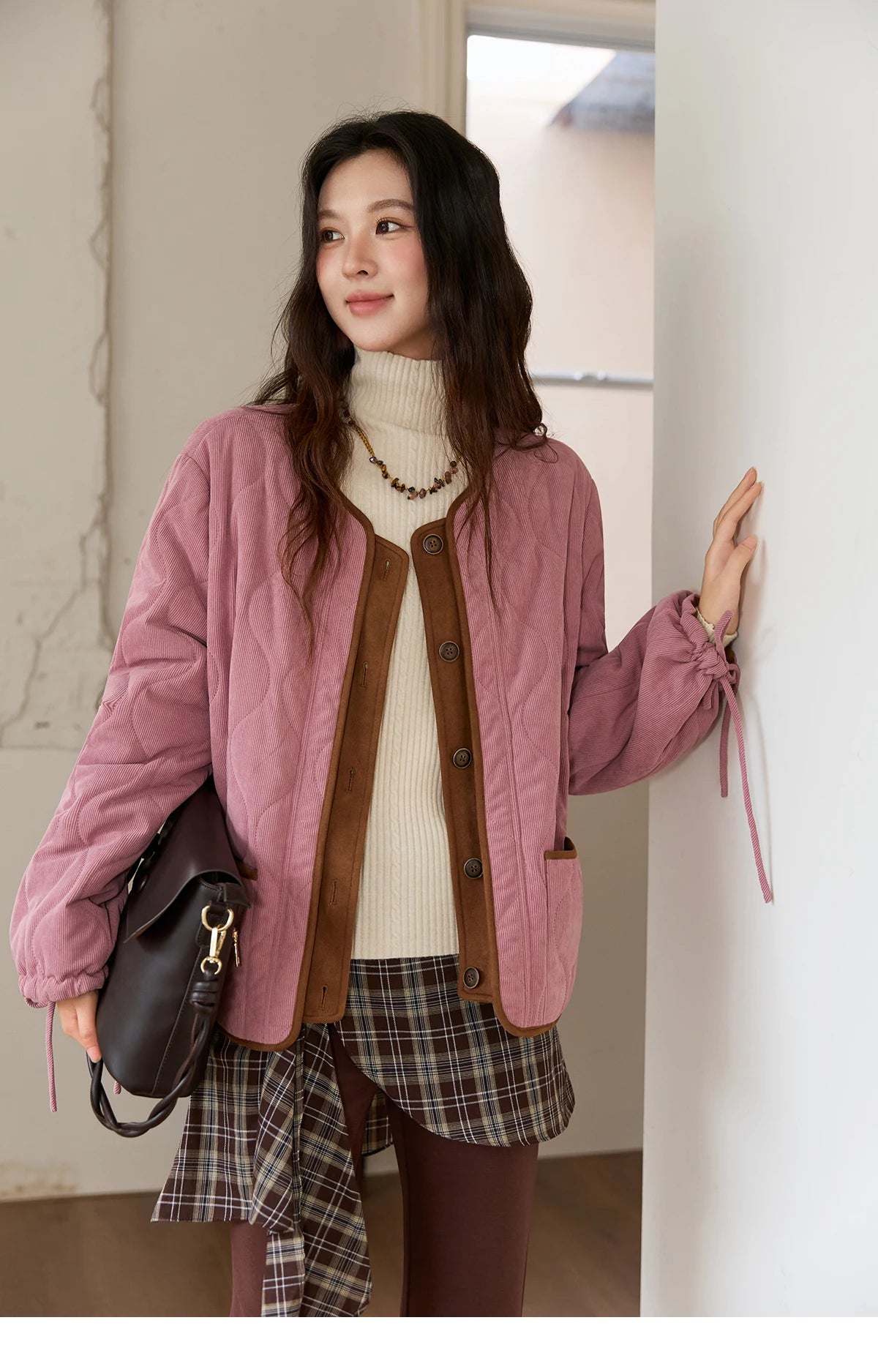 MISHOW Pink Purple Corduroy Jacket Women 2025 Winter Retro Gourd Pattern Pleated Cotton Splicing Suede Jacket Top MXE88W0882