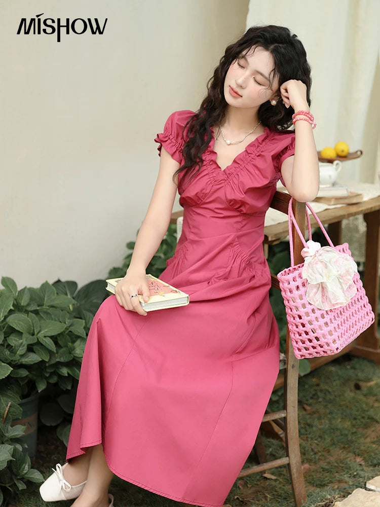 MISHOW Women's 100 Cotton Stringy Selvedge V-Neck Waist Dress 2024 Summer French Symmetric Pocket Mid Length Dresses MXD29L1934