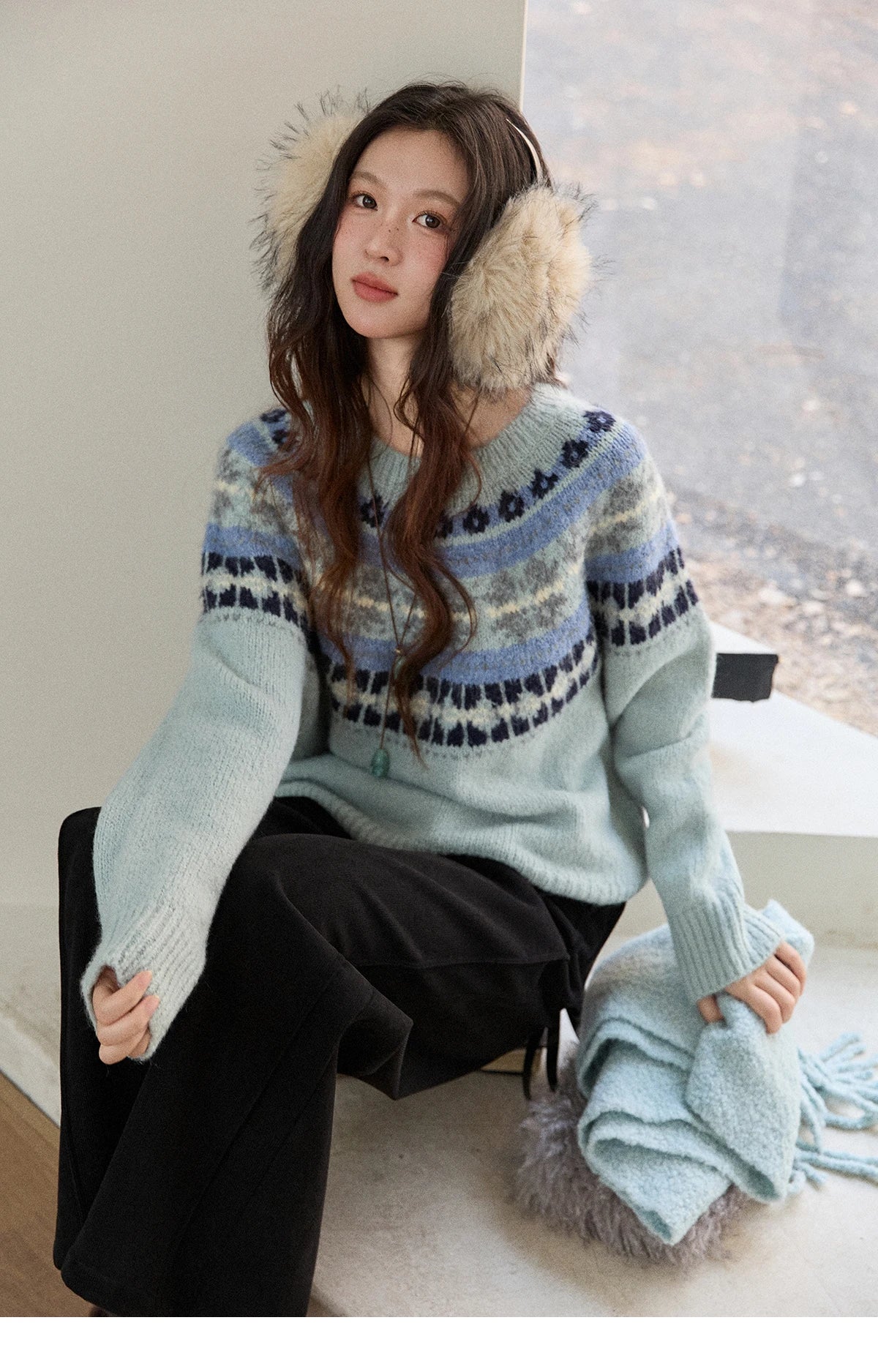 MISHOW Women's Blue Fair Isle Sweater 2025 Winter Geometric Jacquard Loose Retro Wool Blend Knit Pullovers Sweaters MXE87Z2767