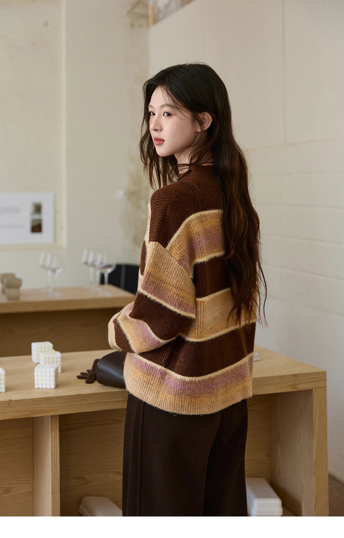 MISHOW Women's French Striped Gradient Sweater 2025 Winter Faux Mink Fleece Sweater Thick Casual Warm Knitted Top MXE94Z2891