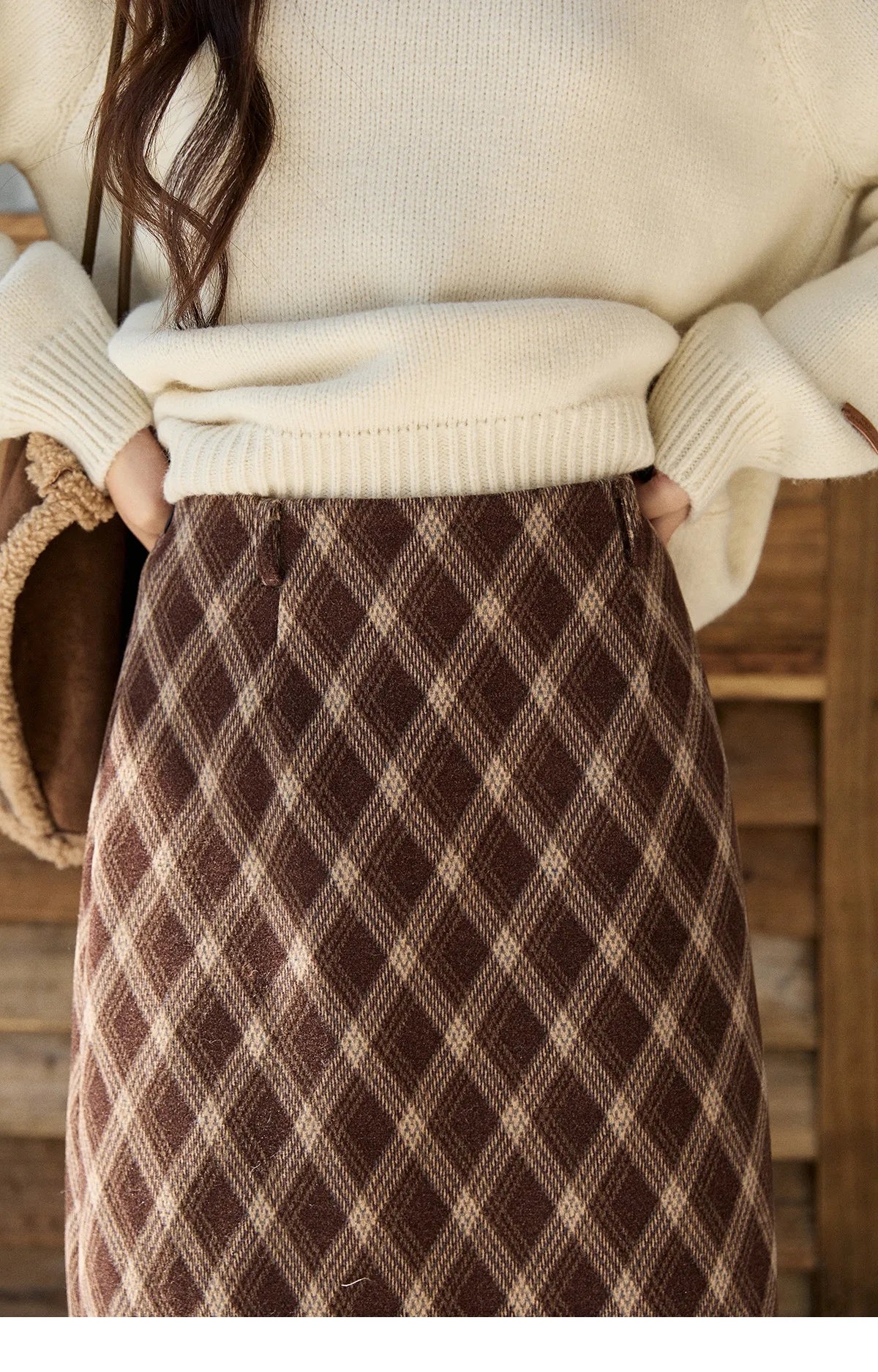 MISHOW Women's Brown Plaid Wool Blend Skirt 2025 Winter High Waist Slim A-Line Back Hem Split Back Elastic Midi Skirt MXE94B2461