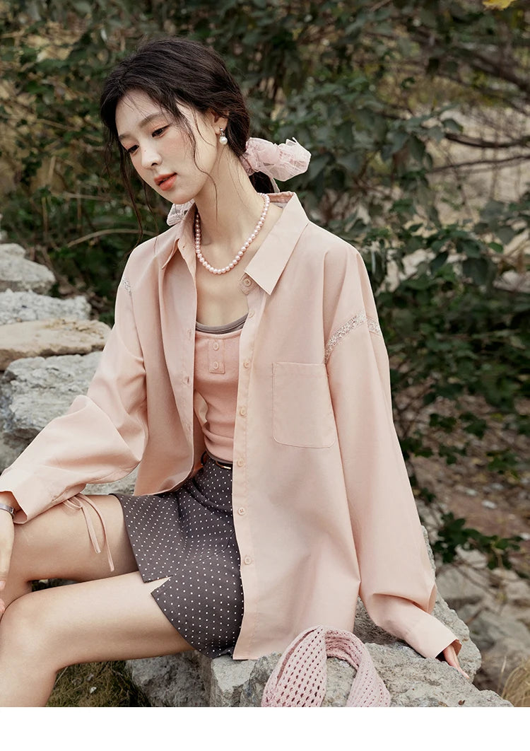 MISHOW Pink Long Sleeve Shirt for Women Spring 2025 Korean Splicing Lace Bow Tie Shirt Polo-neck Solid Versatile Tops MXE16C0767