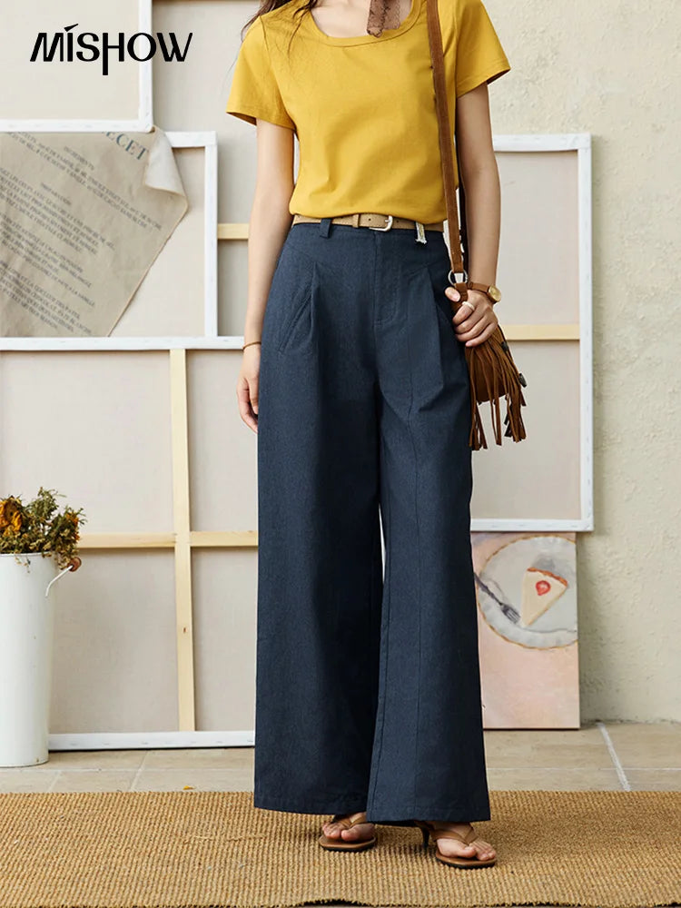 MISHOW Office Lady Summer Pants Women New 2025 Retro Dark Blue High Waist Wide-leg Pants Female Slimming Straight MXE31K0902