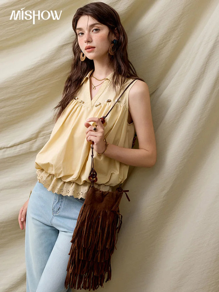 MISHOW Office Lady New Blouse Women Summer New Sleeveless Turn-down Collar Hollow Lace Shirts Female Slimming Fashion MXE31X1760