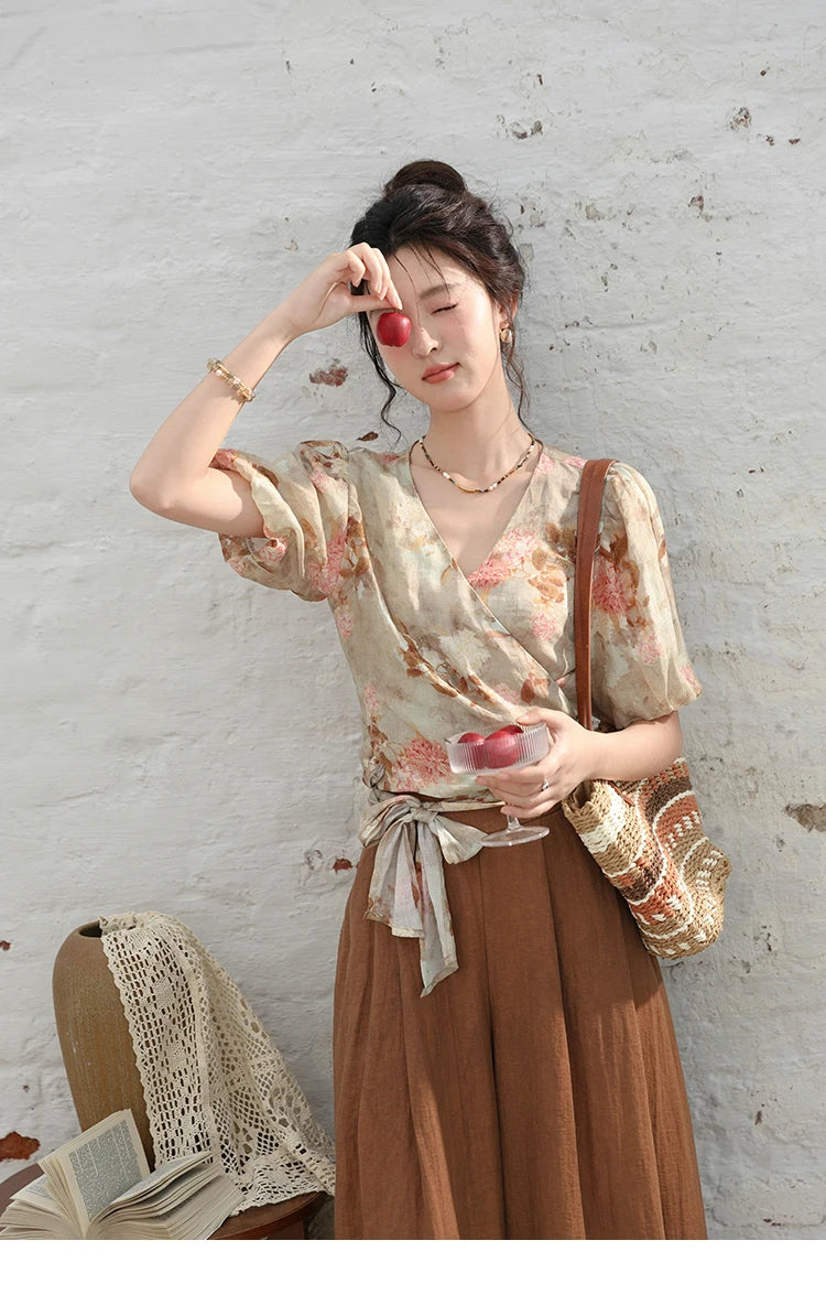 MISHOW French V-neck Floral Tops 2024 Summer Retro Short Sleeved Blouses Female Puff Sleeve Hem Strap One Piece Top MXD28X1619