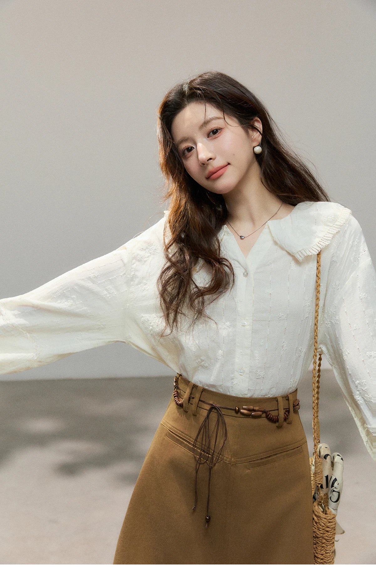 MISHOW Women's Beige Apricot Lace Shirts 2026 Spring Peter Pan Collar Micro Lantern Sleeves Top Casual Elegant Shirt MXF108C0813