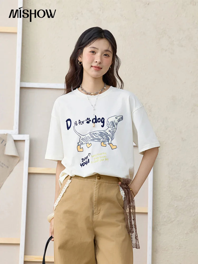 MISHOW Print Summer T-shirts Women 2025 Short Sleeve Round Neck Flocked Puppy Loose Shirt Female Casual Versatile Top MXE33T0542