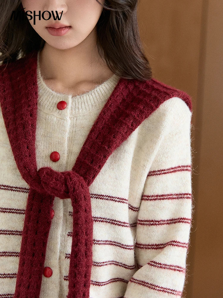 MISHOW Women's Beige Striped Knitted Cardigan 2025 Autumn Winter Red Scarf Decor Button O-Neck Warm Loose Sweaters MXE93Z2948