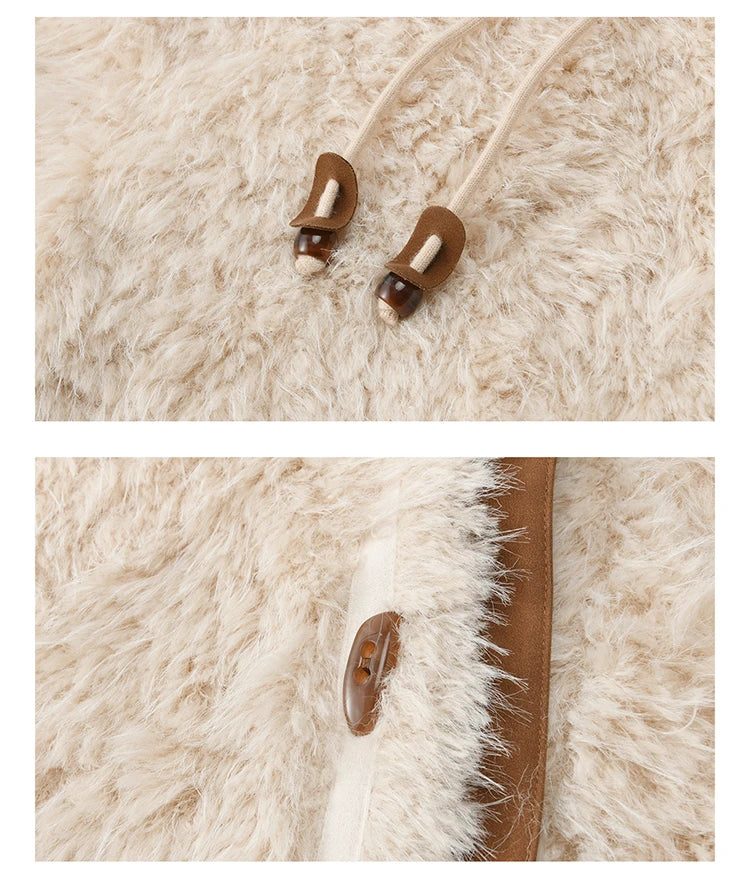 MISHOW Winter Jacket Women 2025 Fashion Beige Knitted Hooded Plush Coat Casual Commute Warm Windproof Short Coat MXE86W0908