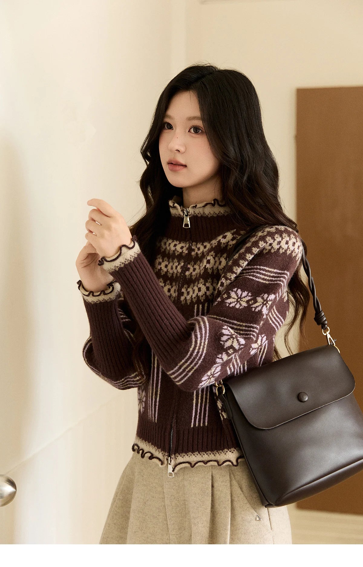 MISHOW Women's Brown Knitted Fair Isle Sweater Vintage Jacquard Lantern Sleeves Zipper Top Ruffled Trim Warm Sweaters MXE91Z2868