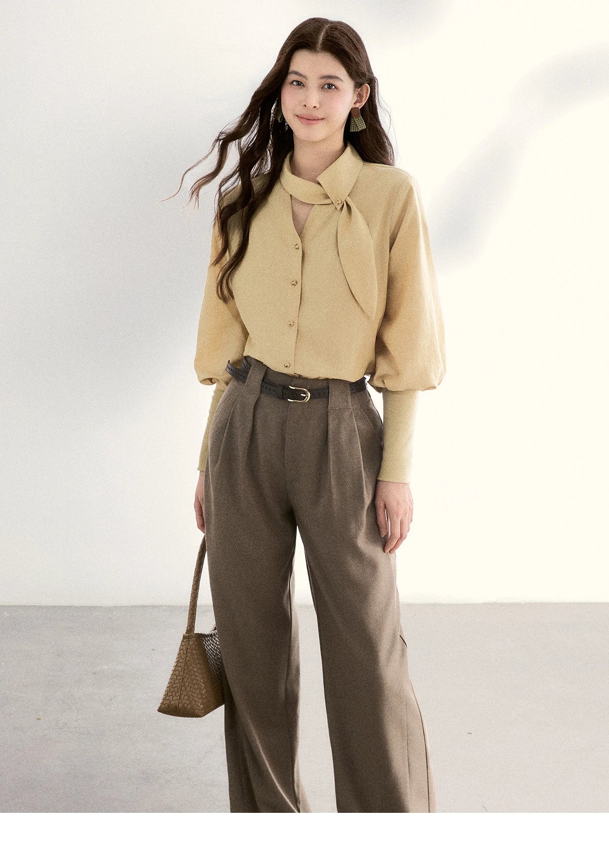 MISHOW Women's Tie Neck Shirts Spring Hollow-out Knitted Patchwork Puff Sleeve Tops Casual Elegant Shirt Office Lady MXF108C0812