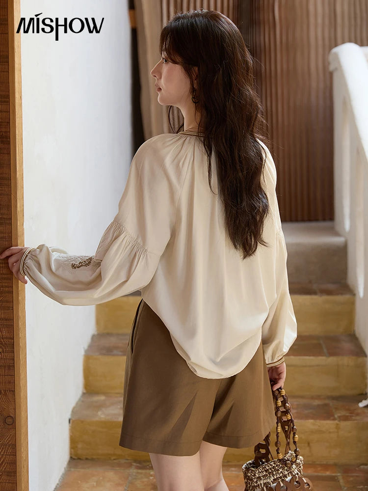 MISHOW Autumn Apricot Embroidered Blouses 2025 Contrasting Tassels Lace Up Blouses Lantern Sleeves Loose Vintage Top MXE41X1940