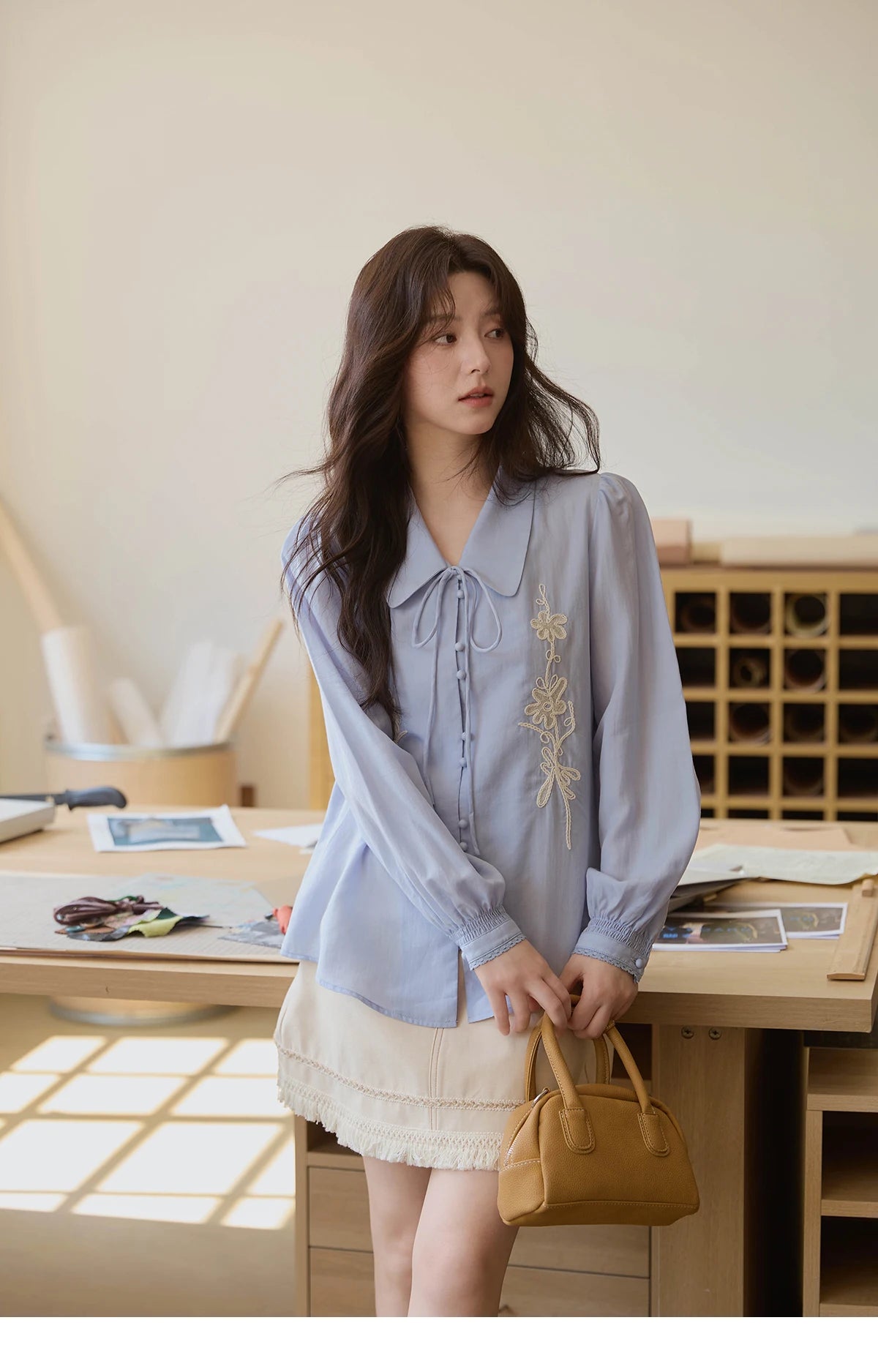 MISHOW Women's 100% Lyocell T-Shirt 2025 Autumn Flower Embroidered Tops Puff Sleeves Lapel Lace-up Shirts Office Lady MXE42C2371