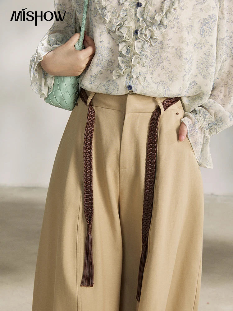 MISHOW Women's Khaki Wide Leg Pants 2026 Spring High Waist Belted Pants Rear Fake Pocket Design Casual Loose Trousers MXF13K1237