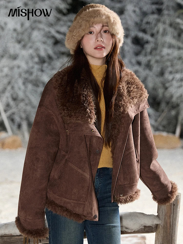 MISHOW Women's Blue Jacket 2025 Winter Blue Plush Turn-down Collar Zip-up Coat Fashion Casual Warm Loose Coat Woman  MXE87W0917