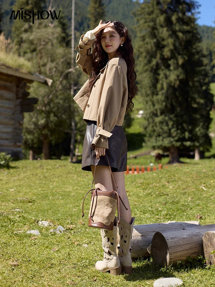 MISHOW Women's Short Fragrant Windbreaker Jacket 2024 Autumn Korean Stand Collar Double Row Placke Trench Streetwear MXD42W0386