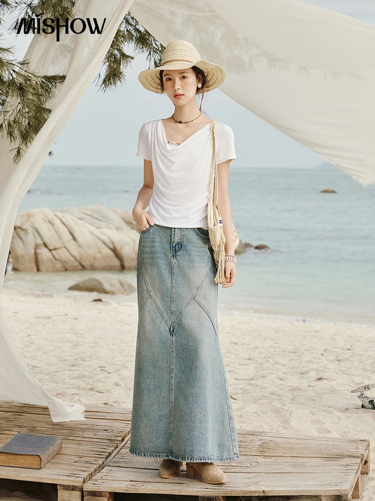 MISHOW Casual Summer Shirts Women 2025 Fashion Short Sleeve Swing Collar Solid T-shirt Female Slim Shell Ribbon Tops MXE33T0524