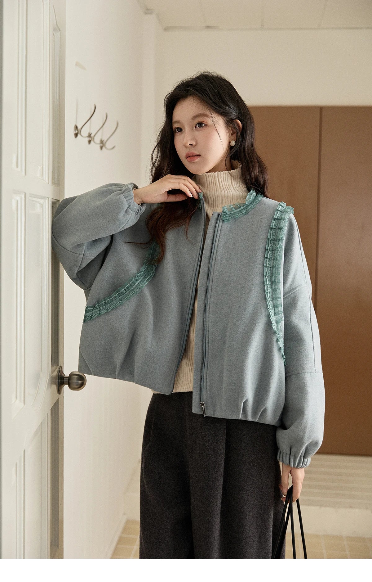 MISHOW Women's Light Blue Down Coats Winter Lace Decor Zipper Puff Sleeve Coats O Neck Loose Casual Warm Outerwear MXE94W1048