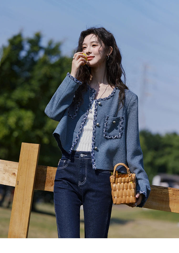 MISHOW Retro Fragrant Style Jacket for Women Spring 2025 Shoulder Pads Coarse Tweed Splicing Ribbon Blue Suit Coats MXE13W0705