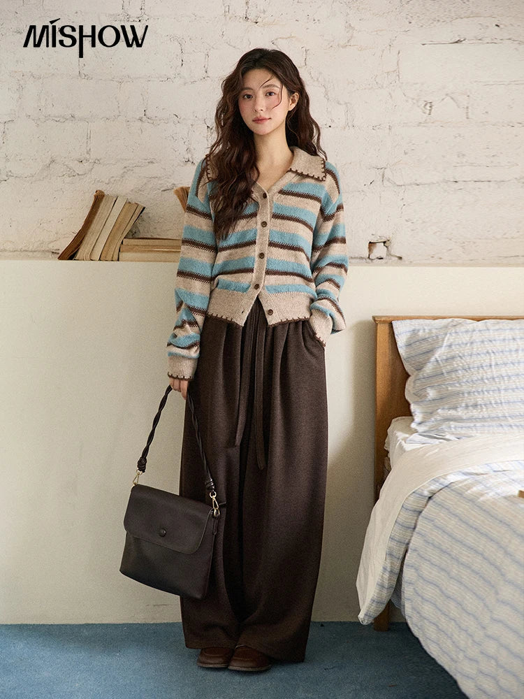 MISHOW Striped Cardigan for Women 2025 Winter Retro Unique Design V-neck Single-breasted Sweater Wool Long Sleeve Top MXE87Z2681