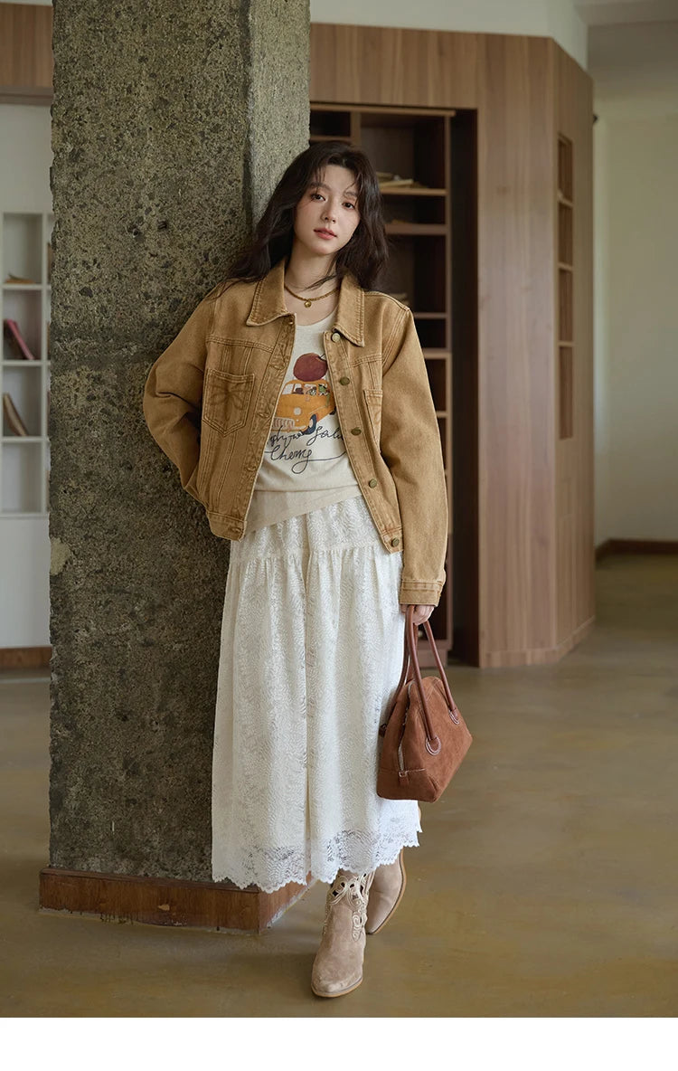 MISHOW Light Brown Vintage Denim Jacket for Women 2025 Autumn Embroidered Pockets Dropped Sleeve Retro Loose Jacket MXE41W0795