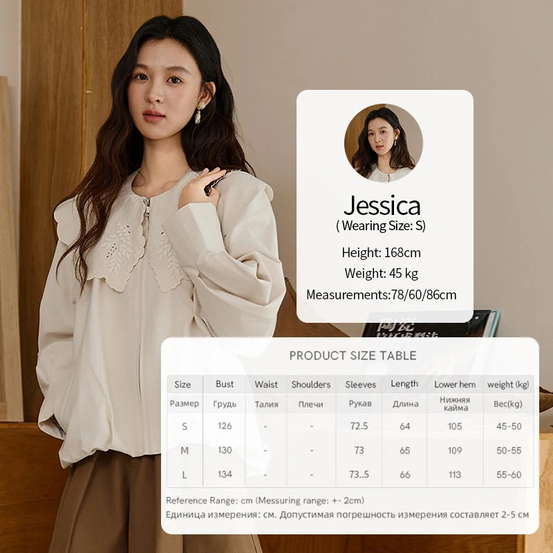 MISHOW Women's Wheat Sprout Embroidery Coat Autumn 2025 Beige Doll Collar Hem Folded Short Coats Loose Zipper Jackets MXE45W0860