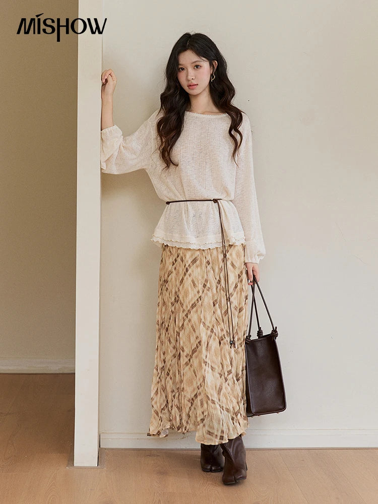 MISHOW Women's Lace Trim Boat Neck Knitted Tops with Belt 2026 Spring  Micro Transparent Loose Casual Thin Sweater MXF13Z3002