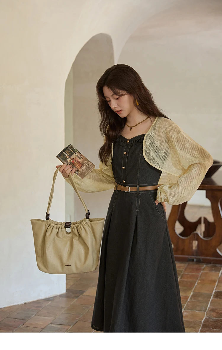 MISHOW Women's Two-Piece Set 2025 Lantern Sleeves Knitted Cardigan Imitation Denim Strap Dress Set With Belt Included MXE41T0704