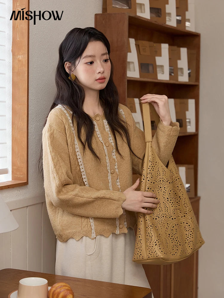MISHOW Yellow Knitted Cardigan Ladies 2025 New Sweet Lace Stitching Cable Sweater Commute Women's Autumn Cardigan MXE51Z2546