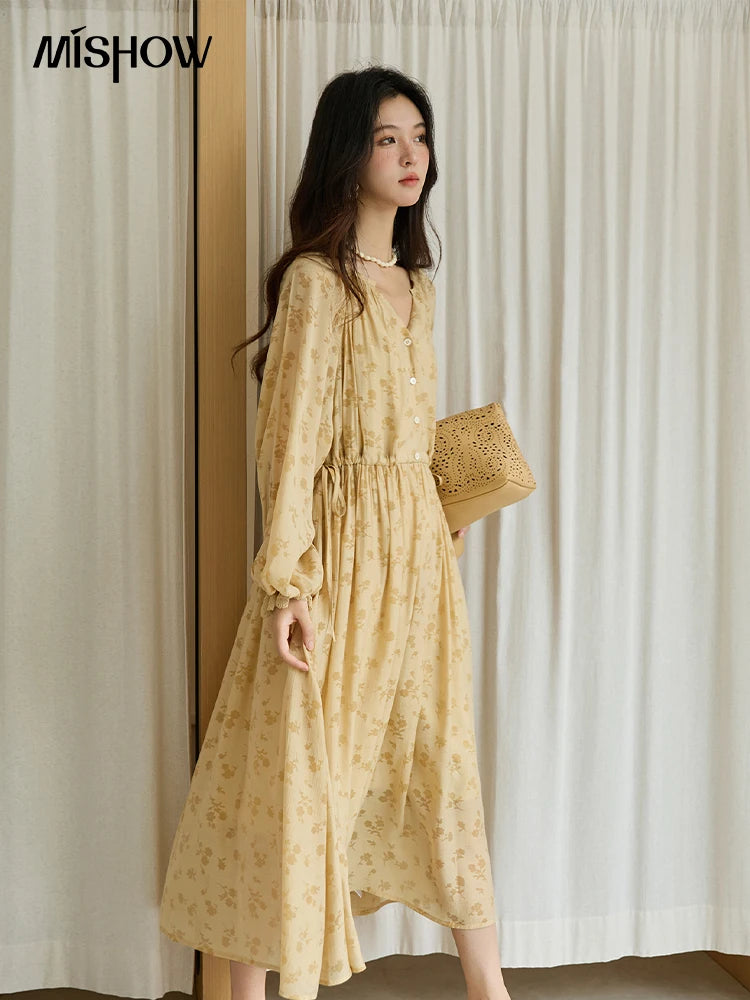 MISHOW Yellow Printing Dress for Woman 2025 Autumn Elegant Lace Lantern Sleeve Waist Slim Long Dress V-neck Dress MXE47L2527