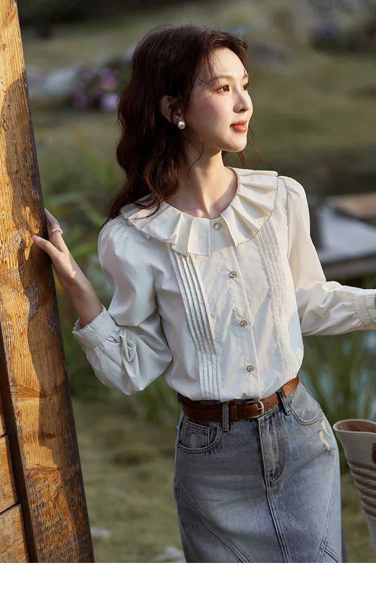 MISHOW French Tucker Pleats Doll Neck Shirt for Women 2025 Spring Straight Shirt Ruffled O Neck Shirts Office Lady MXE12C0401